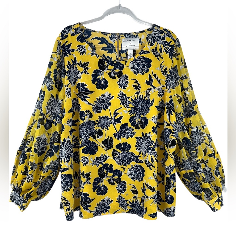 Lane Bryant Yellow and Black Floral Blouse with Silver Glitter | 24